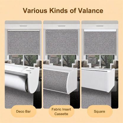 A product comparison graphic showing three types of window valance: Deco Bar, Fabric Insert Cassette, and Square. Each panel displays a gray textured roller blind mounted in a white casing above a window, with labels at the bottom indicating the type.