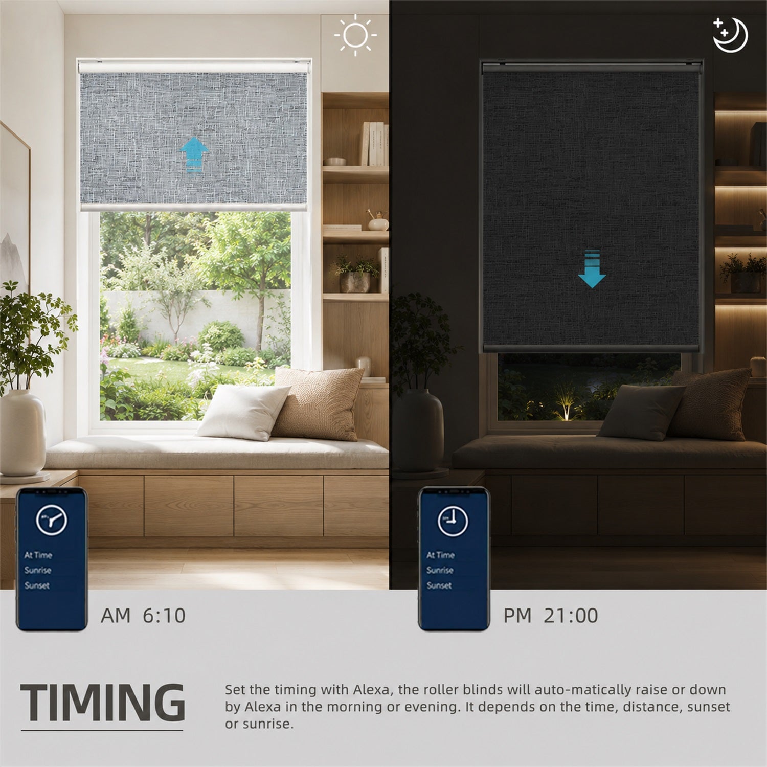 A split-screen comparison showing roller blinds in a home setting, with the left side in bright daylight and the right side in darkness. The image includes text explaining how to set the timing with Alexa, along with time markers AM 6:10 and PM 21:00.