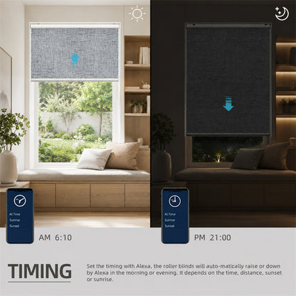 A split-screen comparison showing roller blinds in a home setting, with the left side in bright daylight and the right side in darkness. The image includes text explaining how to set the timing with Alexa, along with time markers AM 6:10 and PM 21:00.