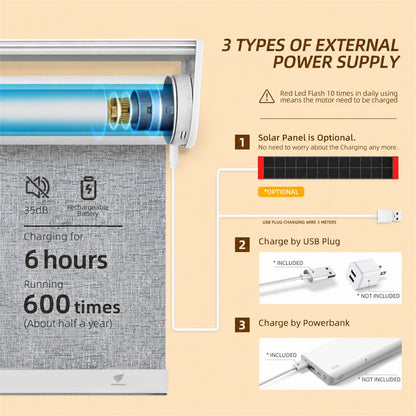 An informational product graphic showing a solar power bank with a highlighted solar panel section and text explaining three types of external power supply: solar panel, USB plug charging, and powerbank charging. Diagrams, icons, and included/excluded accessories are presented on a beige background.