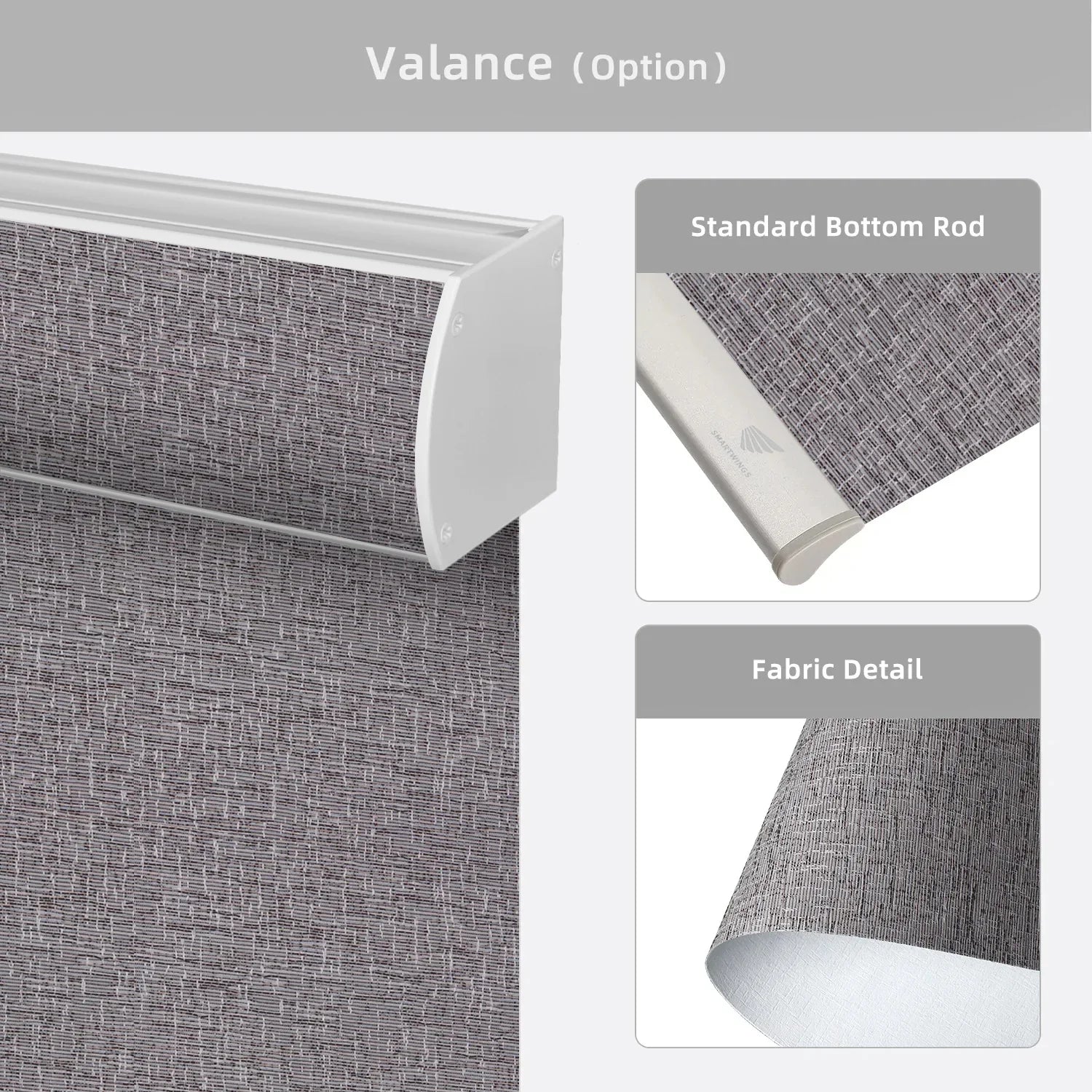 Gray textured valance with standard bottom rod and fabric detail on a white background
