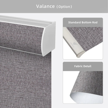 Gray textured valance with standard bottom rod and fabric detail on a white background