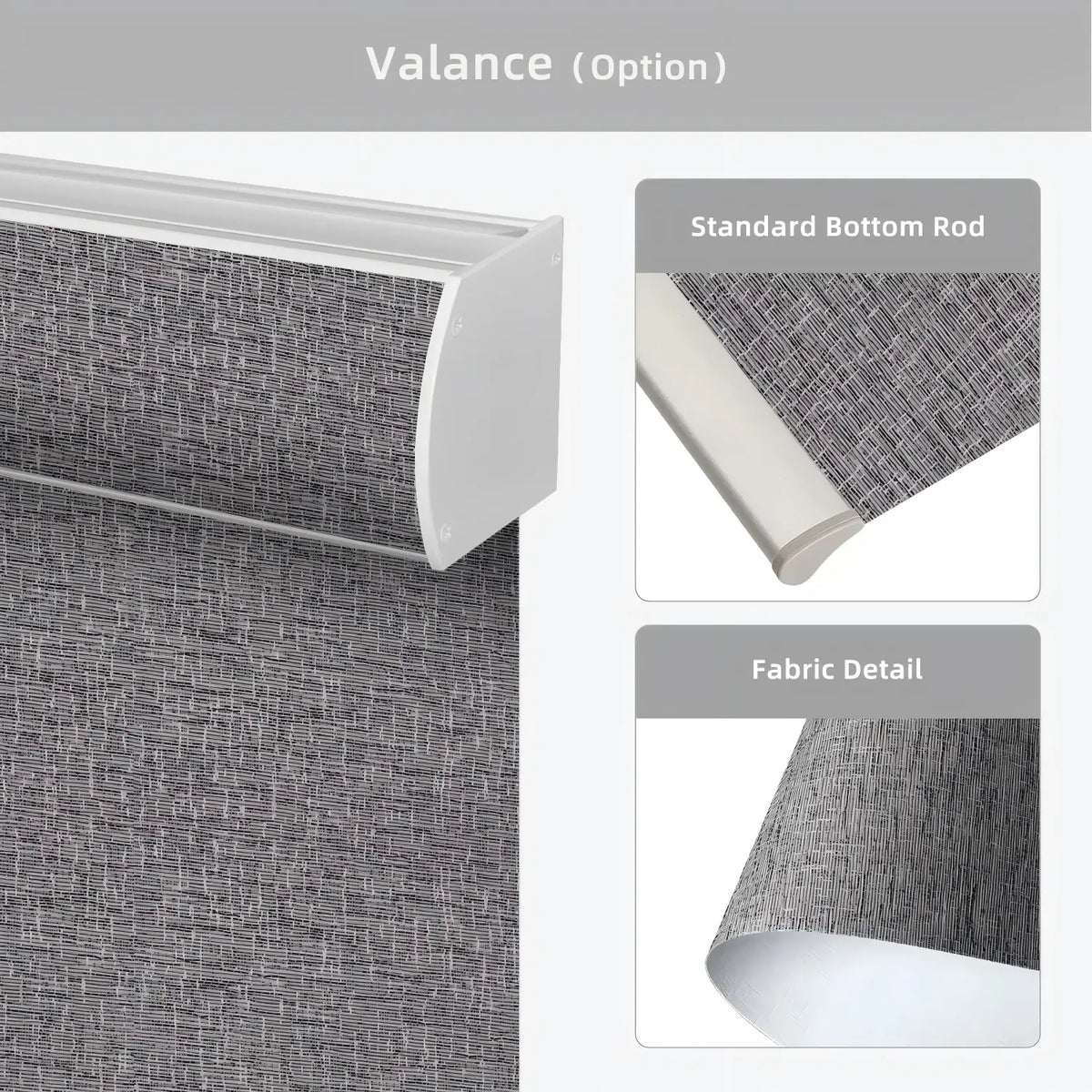 Gray textured valance with standard bottom rod and fabric detail on a white background