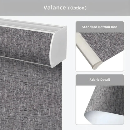 Gray textured valance with standard bottom rod and fabric detail on a white background