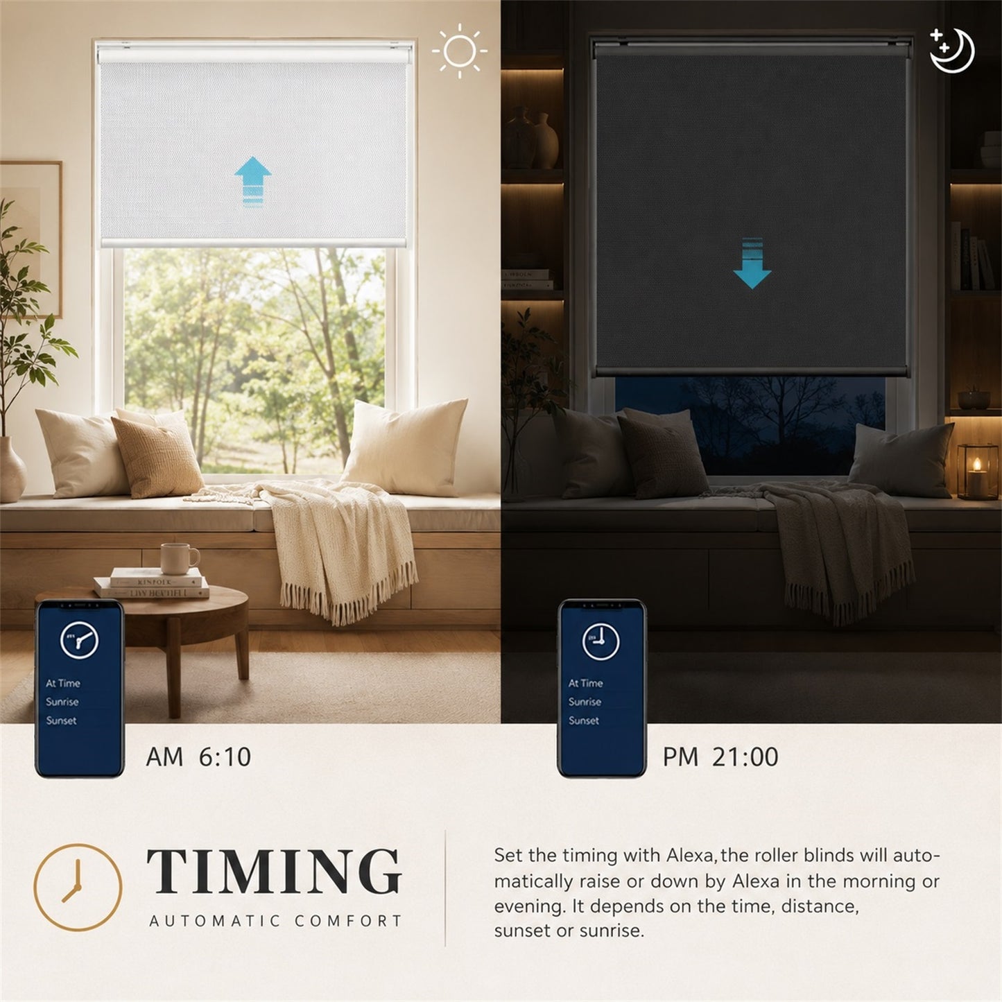 Smart roller blind system with smartphone app control and timing feature in a living room setting.