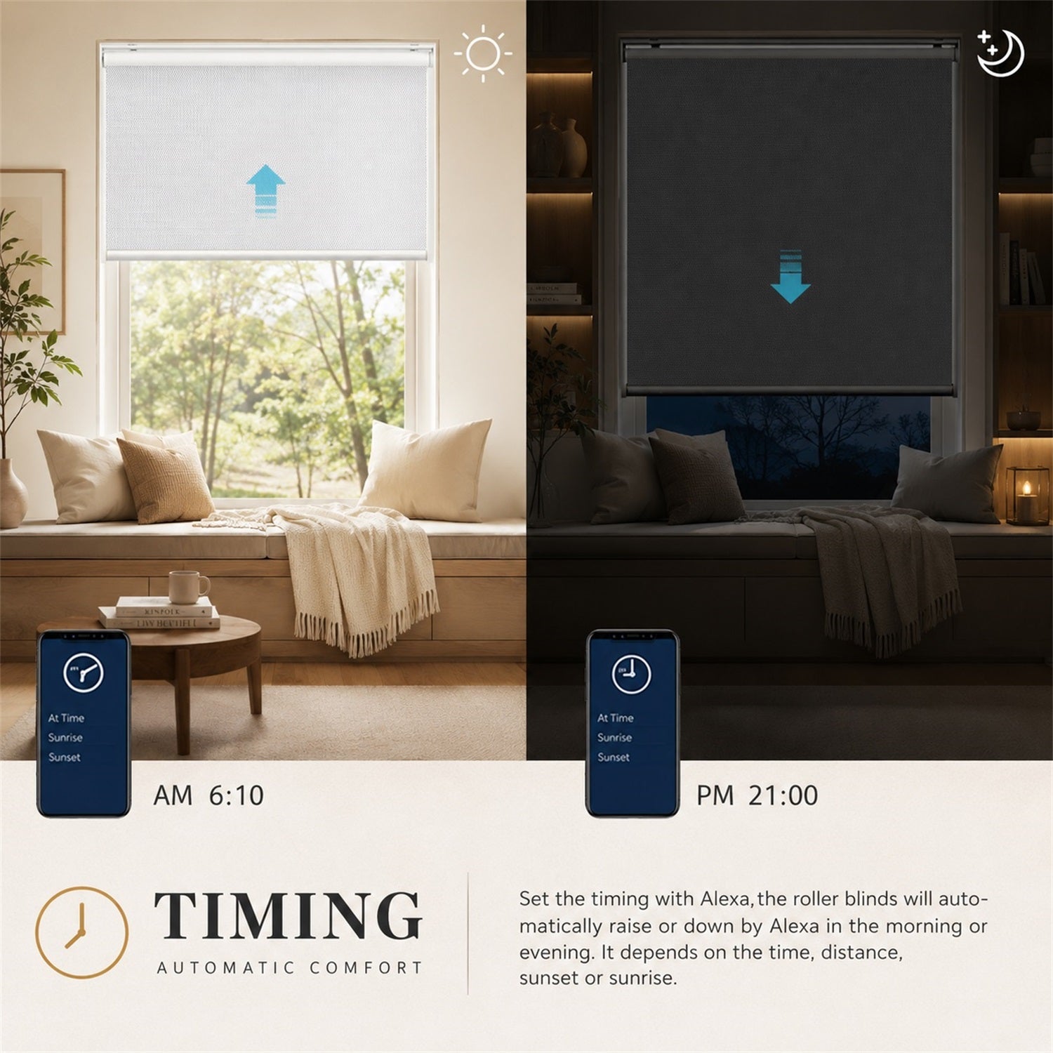 Smart roller blind system with smartphone app control and timing feature in a living room setting.