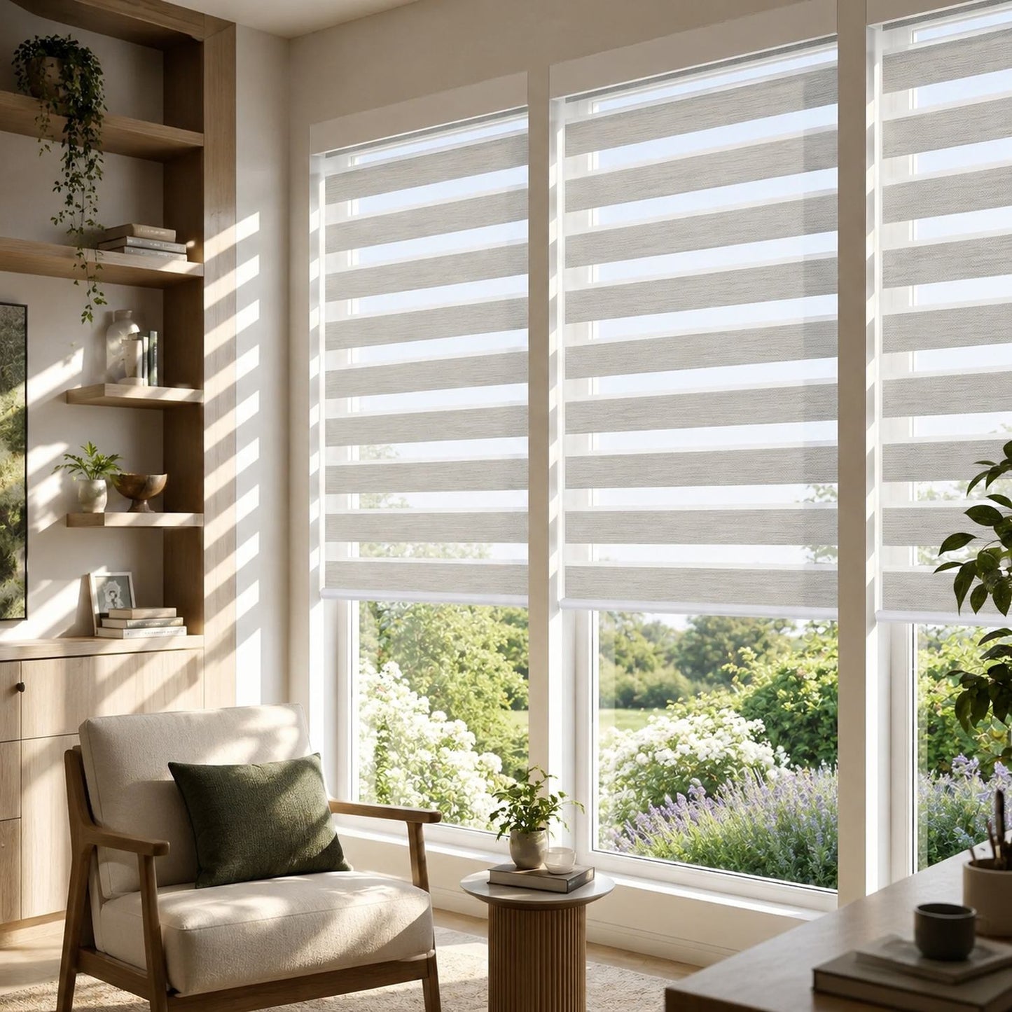 A bright, modern room with three beige roller blind windows casting soft light onto a cream armchair, wooden shelving, and a lush green garden visible outside.