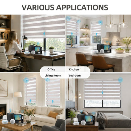 MOES motorized zebra shades installed in office, kitchen, living room, and bedroom smart home settings