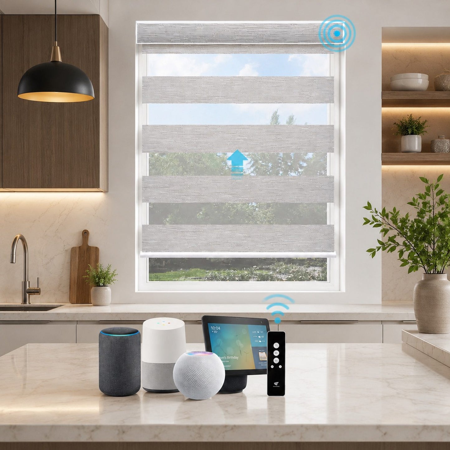 A modern kitchen scene with a window-mounted roller blind system shown in use, alongside smart home devices on the countertop including a tablet controller, a black and white speaker, and a white spherical speaker. The blind has horizontal gray slats and a blue up arrow graphic indicating operation.