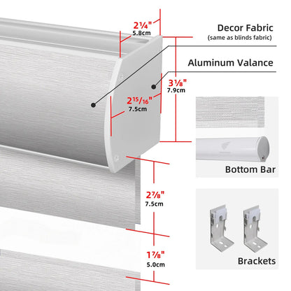 Measurement chart of roller blind components including decor fabric, aluminum valance, bottom bar, and brackets.