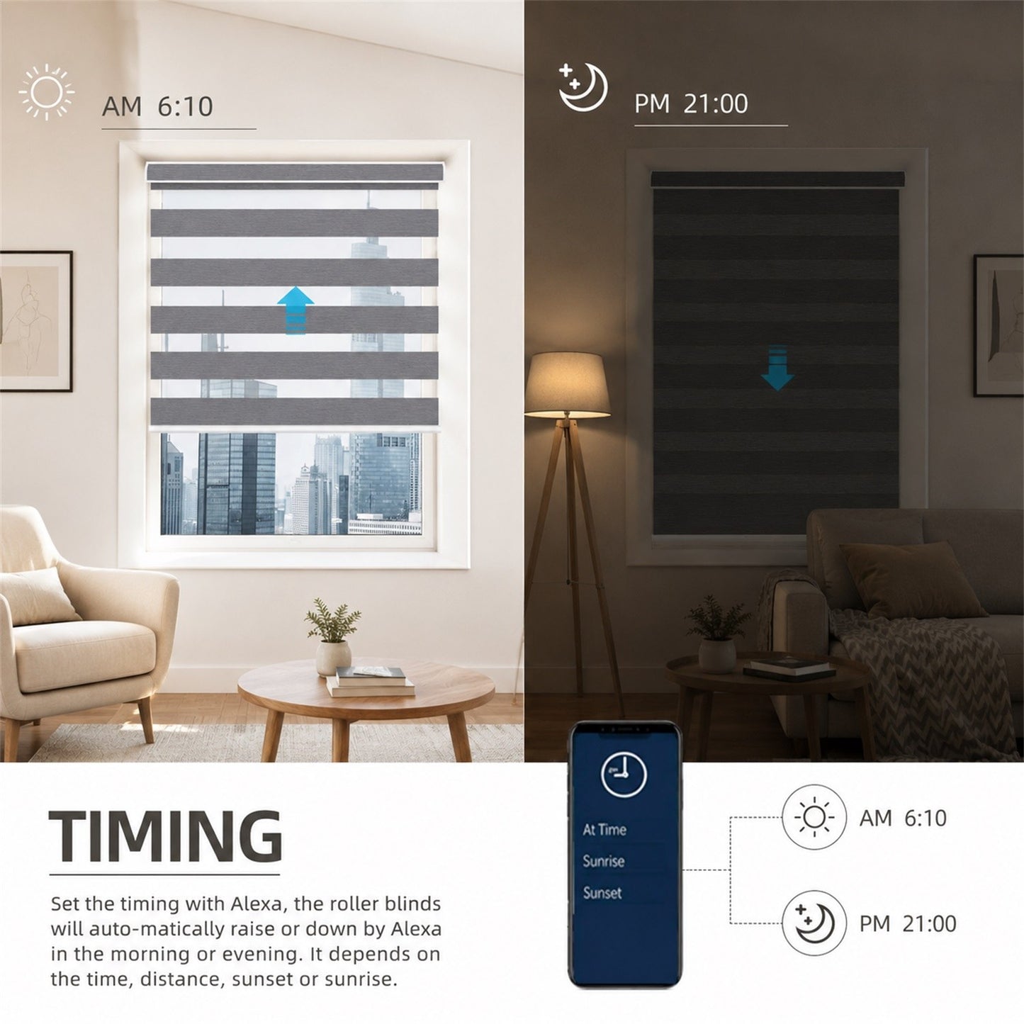 A split comparison showing roller blinds in a living room at AM 6:10 and PM 21:00, with a smartphone app control graphic below. The left side shows the blinds partially open in a bright room with a chair and table.