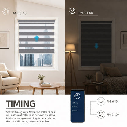 A split comparison showing roller blinds in a living room at AM 6:10 and PM 21:00, with a smartphone app control graphic below. The left side shows the blinds partially open in a bright room with a chair and table.