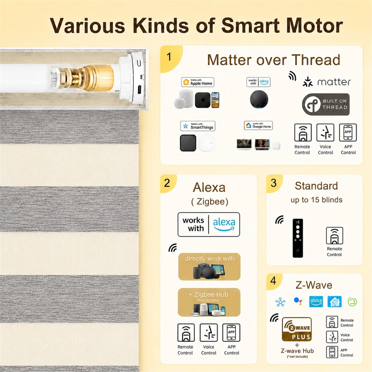 An infographic titled 'Various Kinds of Smart Motor' showing a close-up of a smart motor component on the left and four numbered sections on the right detailing compatibility with Matter over Thread, Alexa, Zigbee, and Z-Wave, with icons for remote control, value control, and app control.