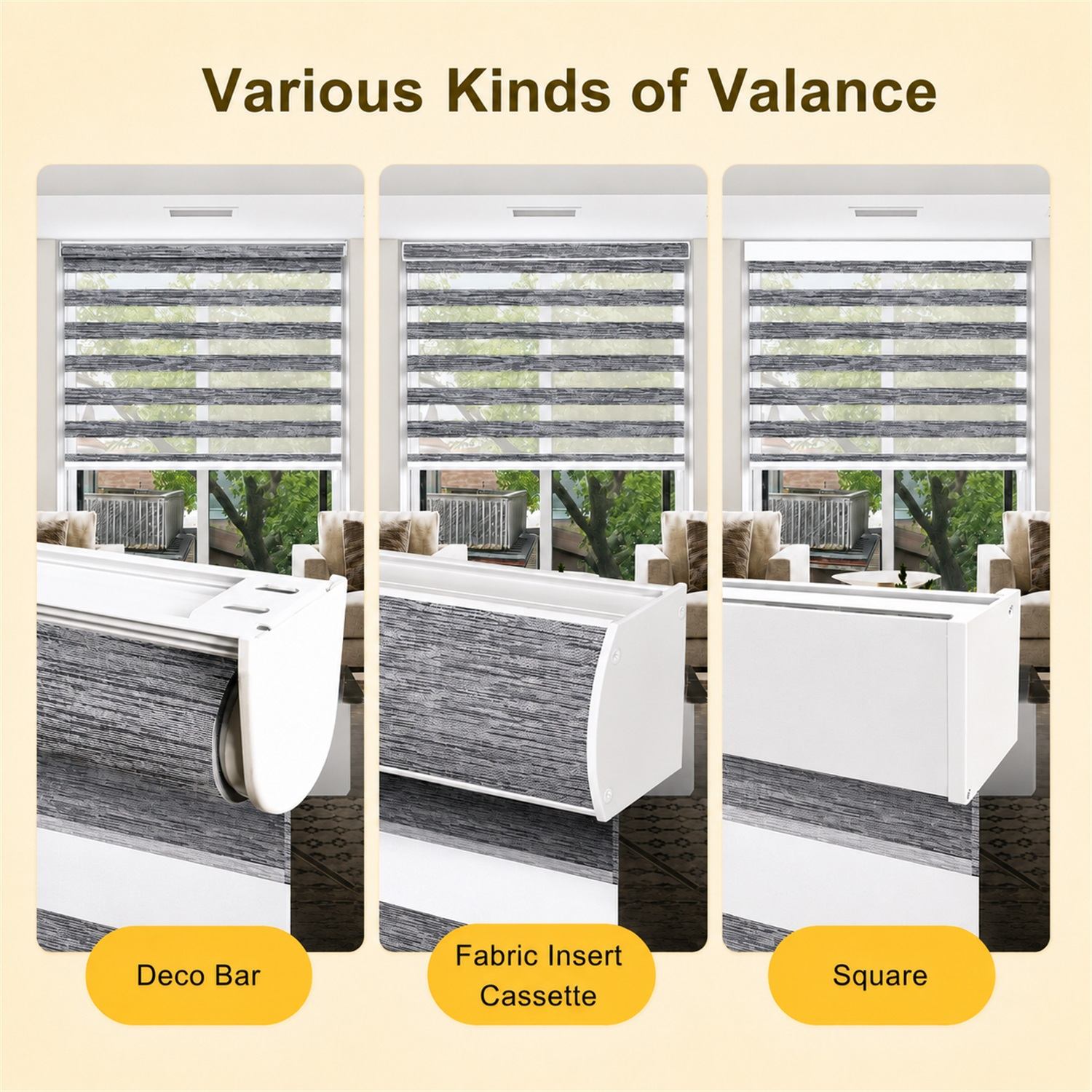 A three-panel comparison graphic showing different types of window valance trim: Deco Bar, Fabric Insert Cassette, and Square. Each panel shows the valance installed over a window with blinds, set against a light beige background with the text 'Various Kinds of Valance' at the top and labels at the bottom.