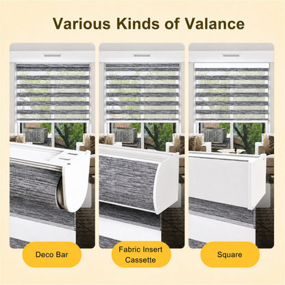 A three-panel comparison graphic showing different types of window valance trim: Deco Bar, Fabric Insert Cassette, and Square. Each panel shows the valance installed over a window with blinds, set against a light beige background with the text 'Various Kinds of Valance' at the top and labels at the bottom.