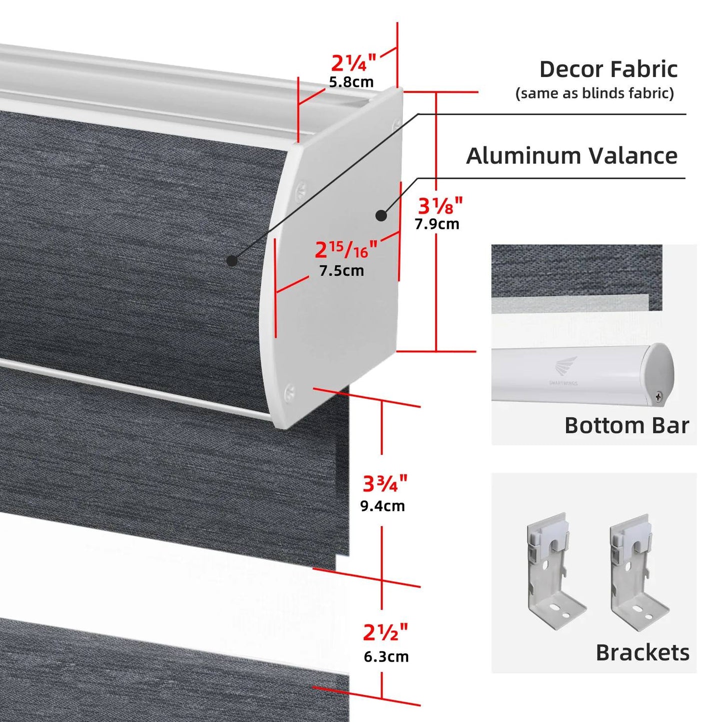 Measurement chart of a window treatment with labeled parts and dimensions.
