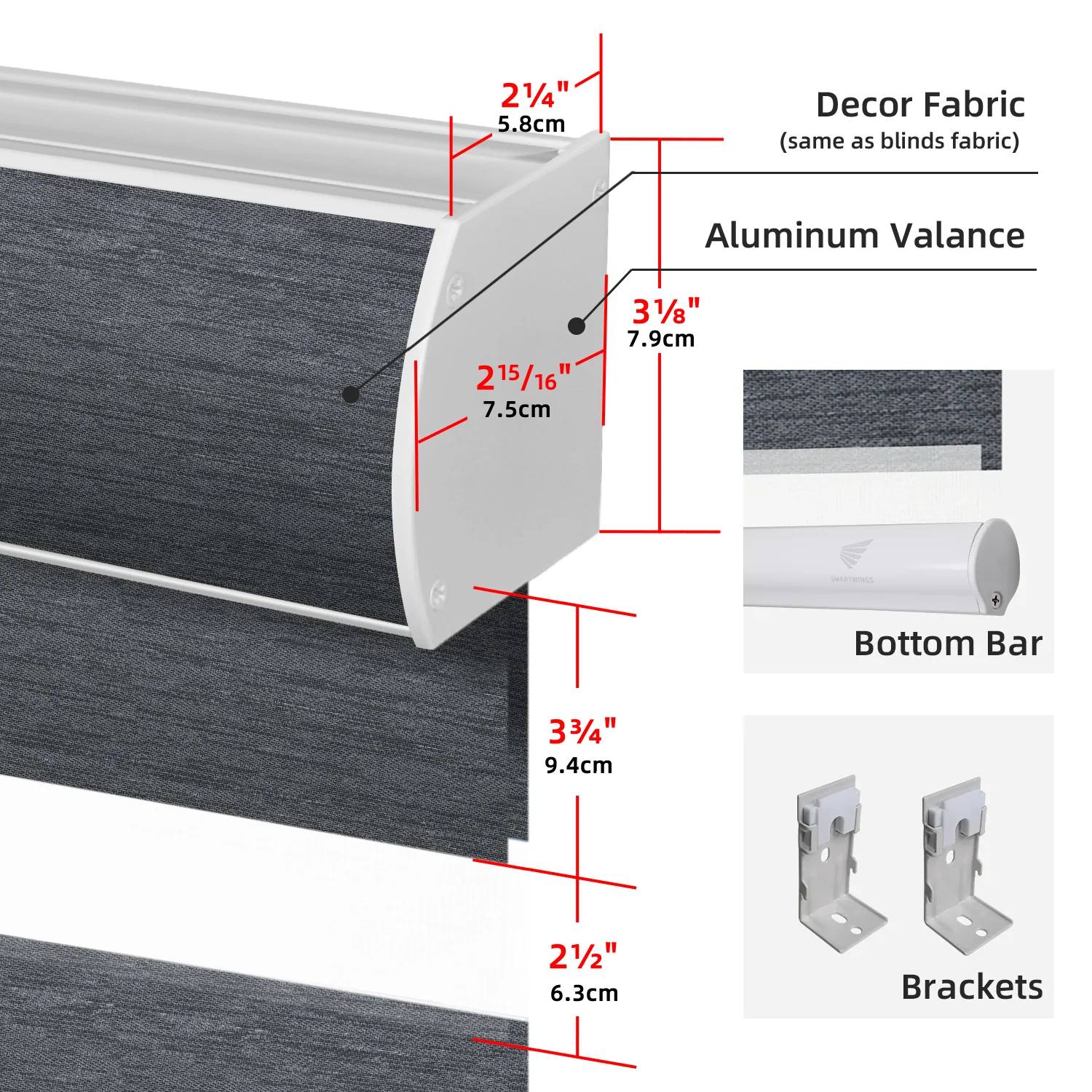 Measurement chart of a window treatment with labeled parts and dimensions.