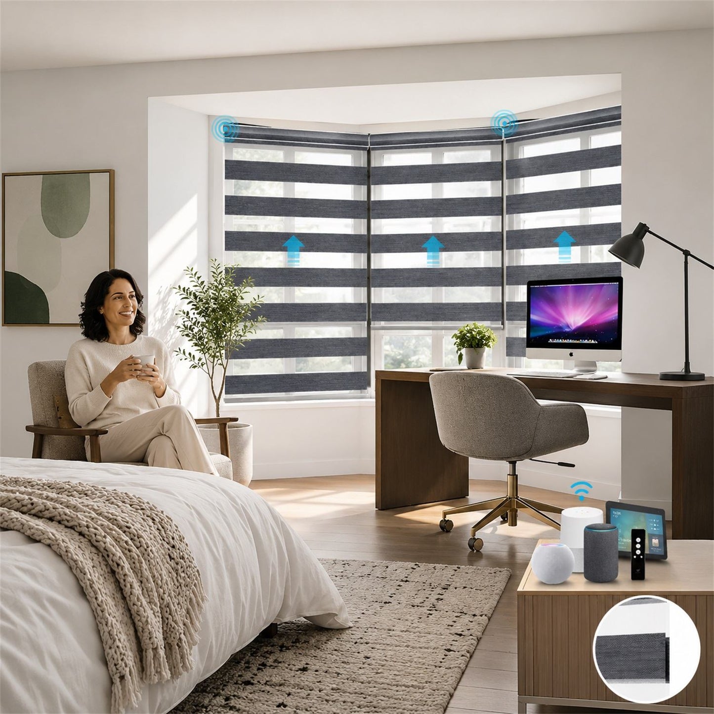 A woman sits in a modern bedroom while looking out a bay window with striped roller blinds. The room includes a desk, chair, computer, lamp, plants, and a bed.
