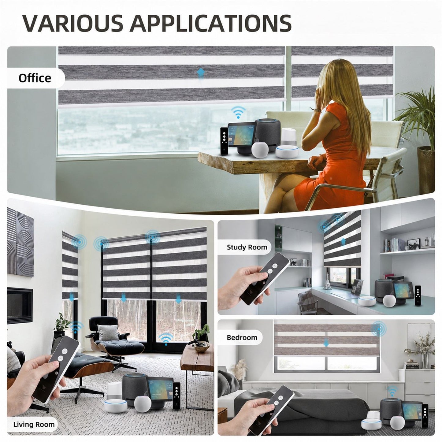 A promotional collage showing a smart blind controller in use across multiple rooms: an office, study room, bedroom, and living room. The top panel has the heading 'VARIOUS APPLICATIONS' and shows a woman seated by a window with striped blinds and the controller setup.