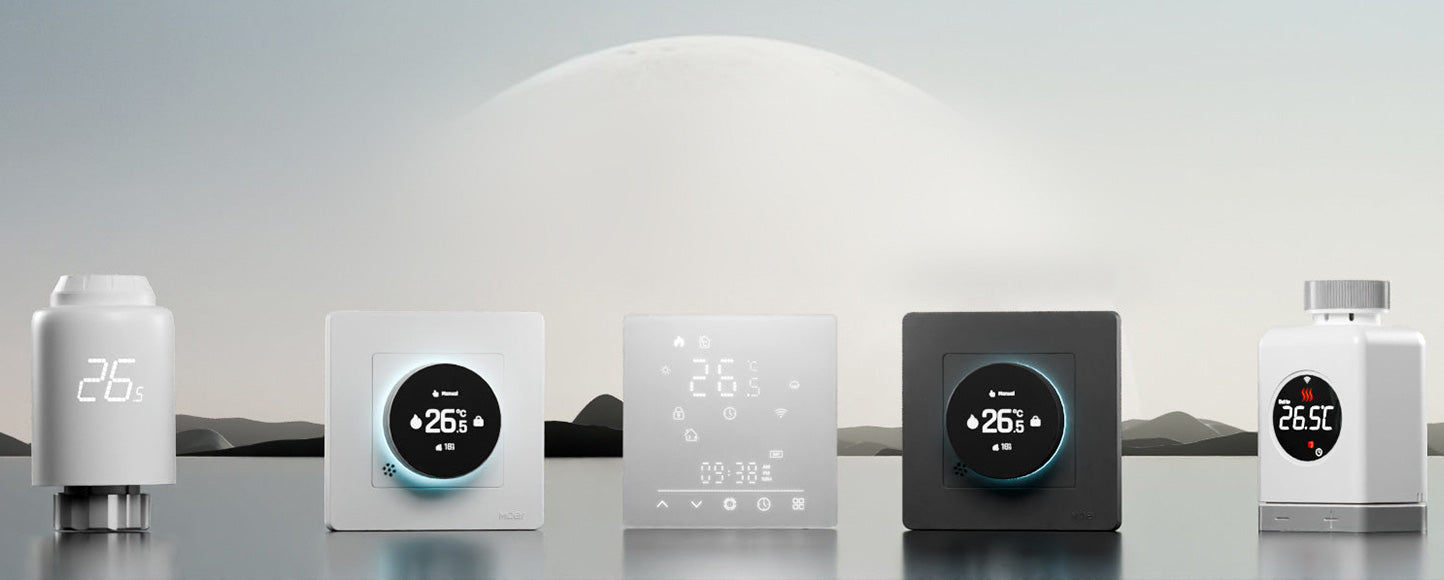 MOES smart thermostats in black and white, featuring circular and touch digital LED displays for precise smart home climate and temperature control.