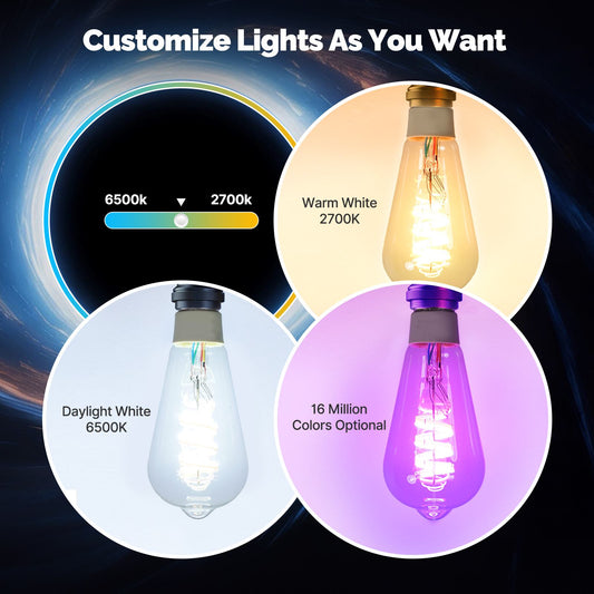 Matter WiFi E27 Smart Edison LED Light Bulbs 16 Million RGB Color Changing 2700K-6500K Dimmable