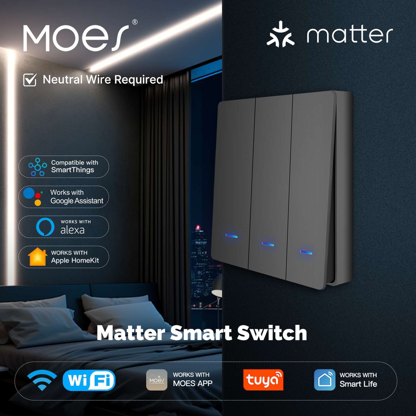Matter WiFi Smart Push Button Light Switch App Control Neutral Wire Required EU Verison