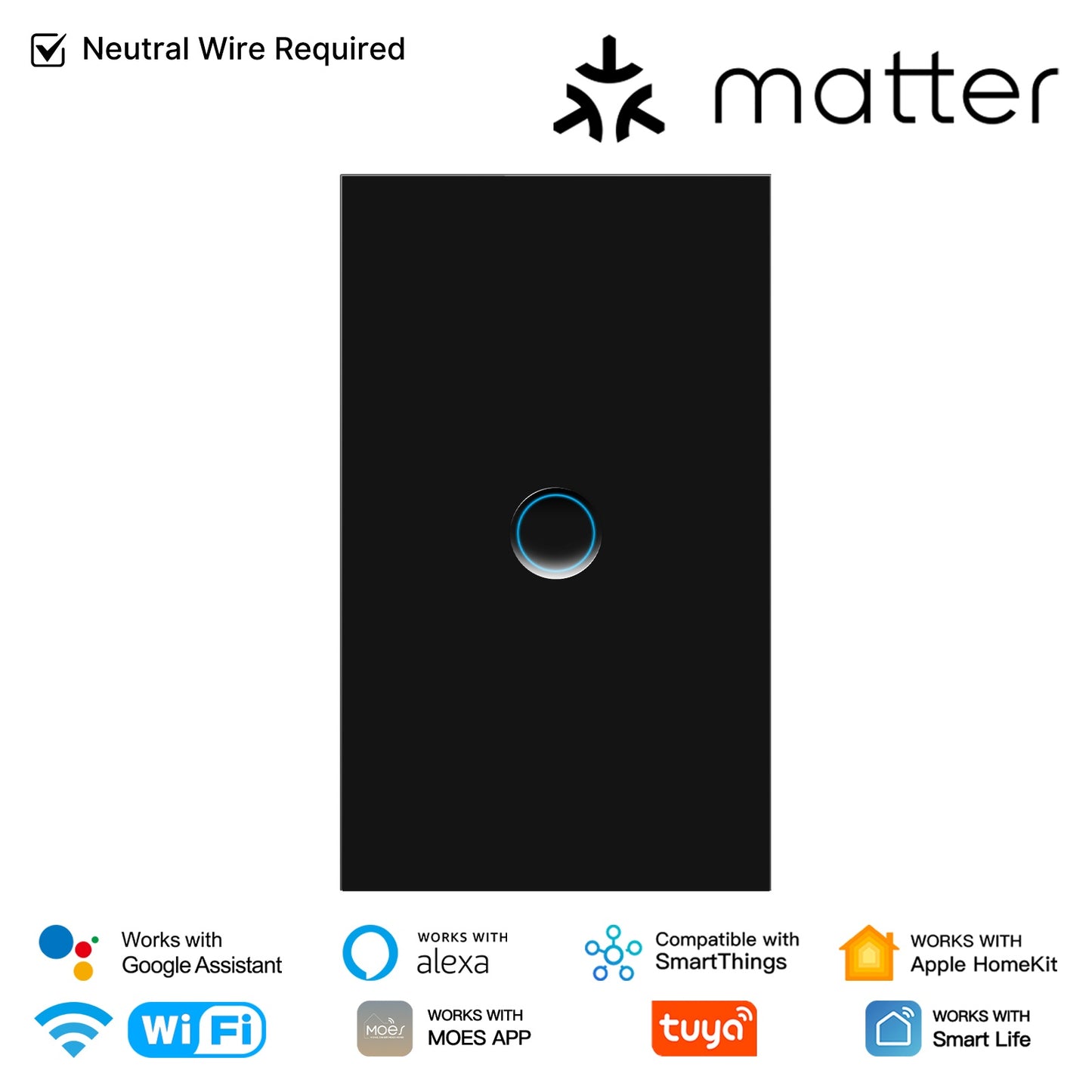 Matter WiFi Smart Light Switch Concave Glass Panel Neutral Wire Required US Version