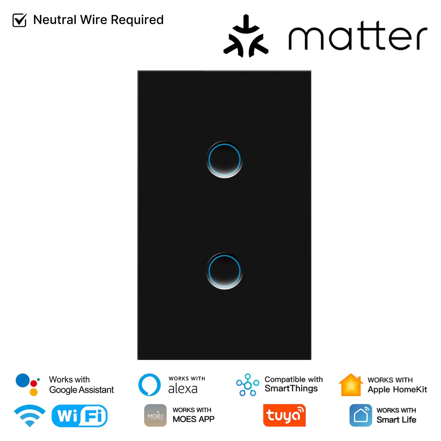 Matter WiFi Smart Light Switch Concave Glass Panel Neutral Wire Required US Version
