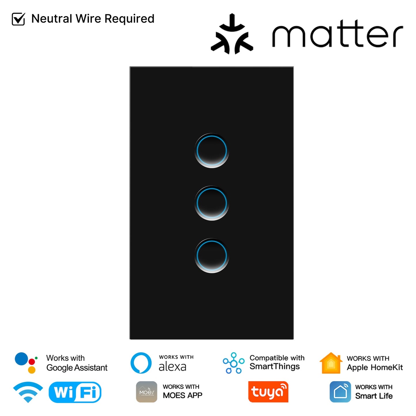 Matter WiFi Smart Light Switch Concave Glass Panel Neutral Wire Required US Version