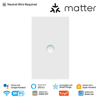 Matter WiFi Smart Light Switch Concave Glass Panel Neutral Wire Required US Version