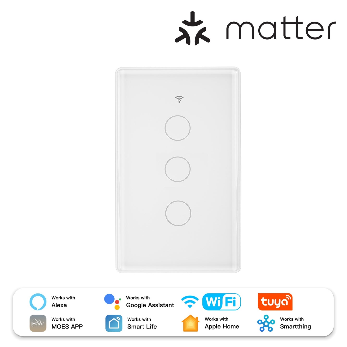 Tuya Matter WiFi Smart Light Switch 2.5D Glass Panel Neutral Wire Required US Version