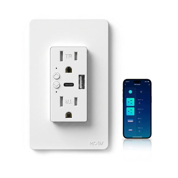 Smart WiFi USB Wall Outlet with Type-C & Type-A Ports, in-Wall Plug Socket Receptacle 15A