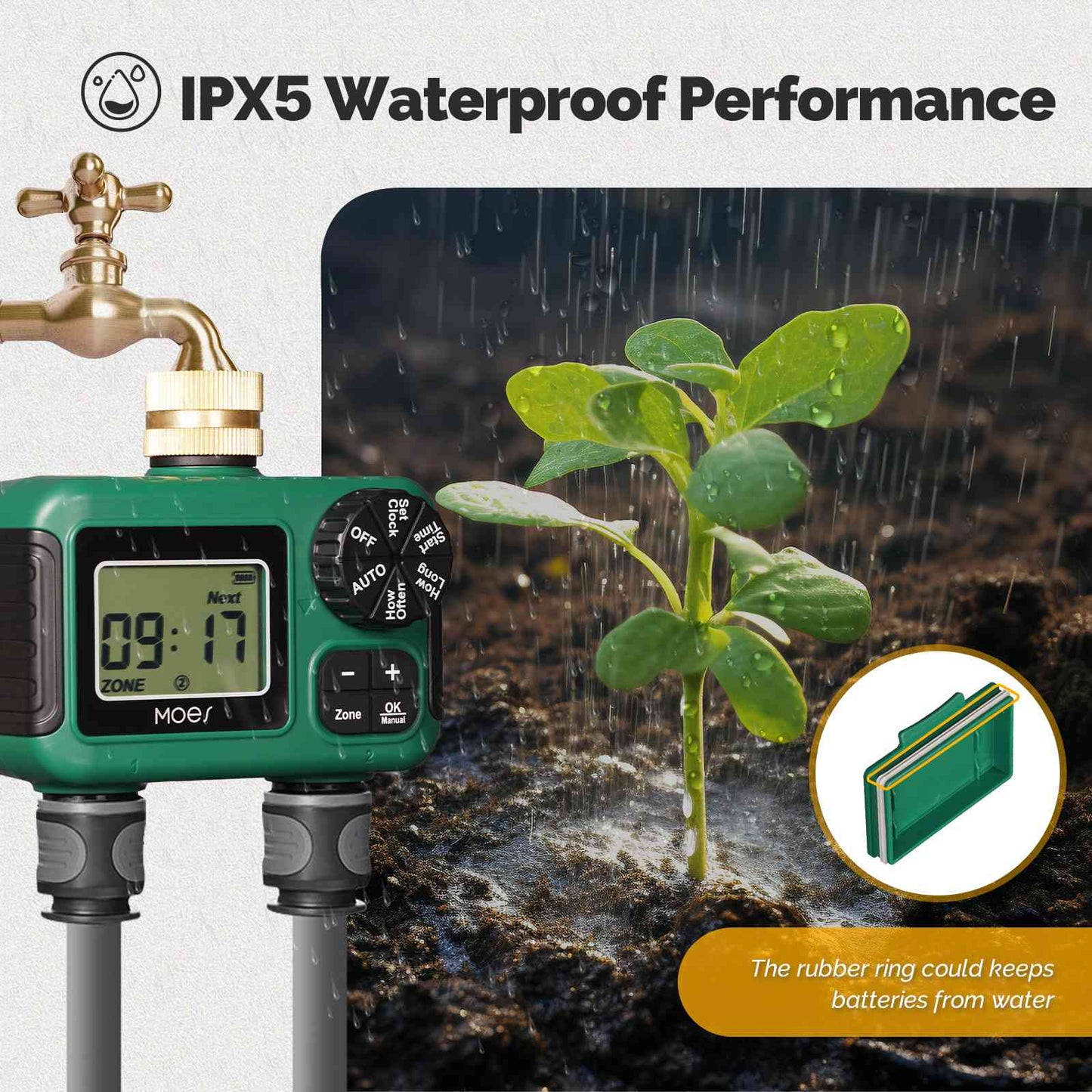 Water Timer For Garden Hose Drip Irrigation 2-Outlet Brass Inlet IPX5 Waterproof US Version