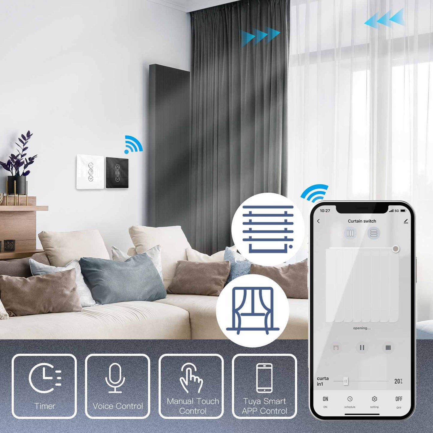 MOES WiFi Curtain Switch Smart 2.5D Arc Glass Touch Panel for Roller Blinds Shutters