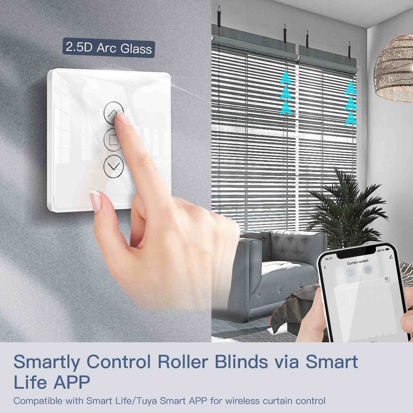 MOES WiFi Curtain Switch Smart 2.5D Arc Glass Touch Panel for Roller Blinds Shutters