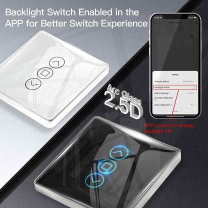 Interruptor de cortina MOES WiFi inteligente con panel táctil de vidrio de arco 2.5D para persianas enrollables y contraventanas.