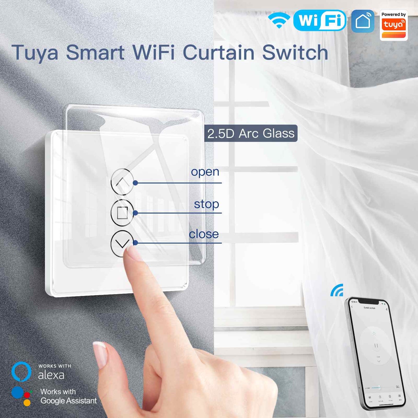 MOES WiFi Curtain Switch Smart 2.5D Arc Glass Touch Panel for Roller Blinds Shutters