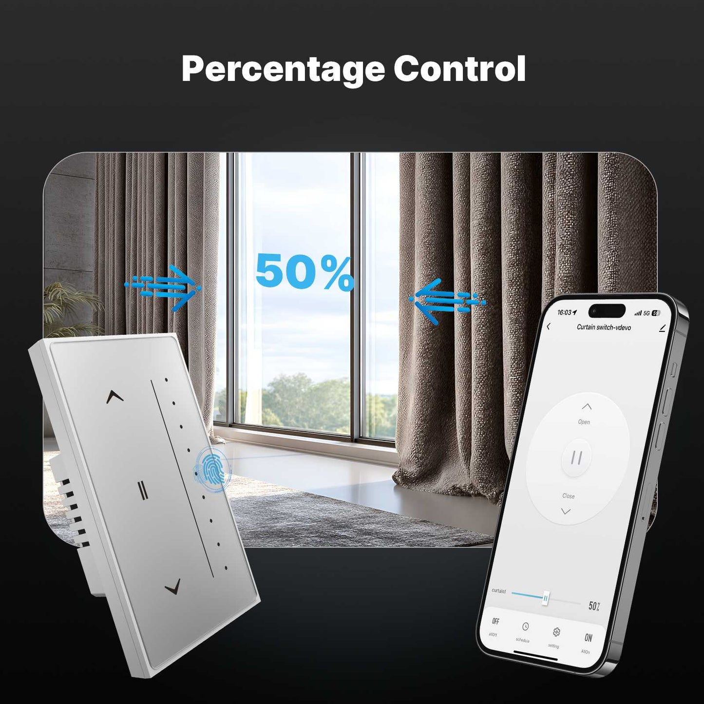 Zigbee Smart Curtain Switch Star Feather Series Anti-Glare Touch Panel Flowing Backlight US Version