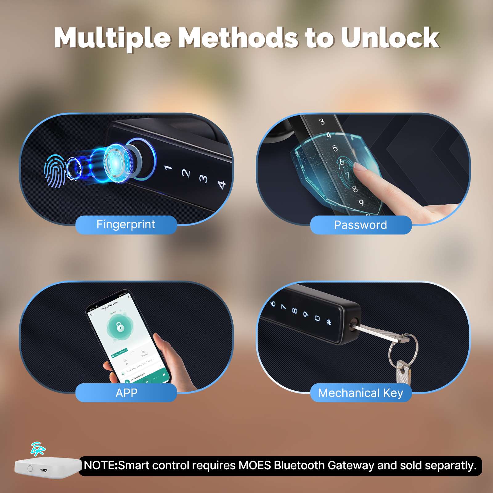 Bluetooth Smart Door Lock with Passcode keypad, Biometric Entry Doorknob with Handle - MOES