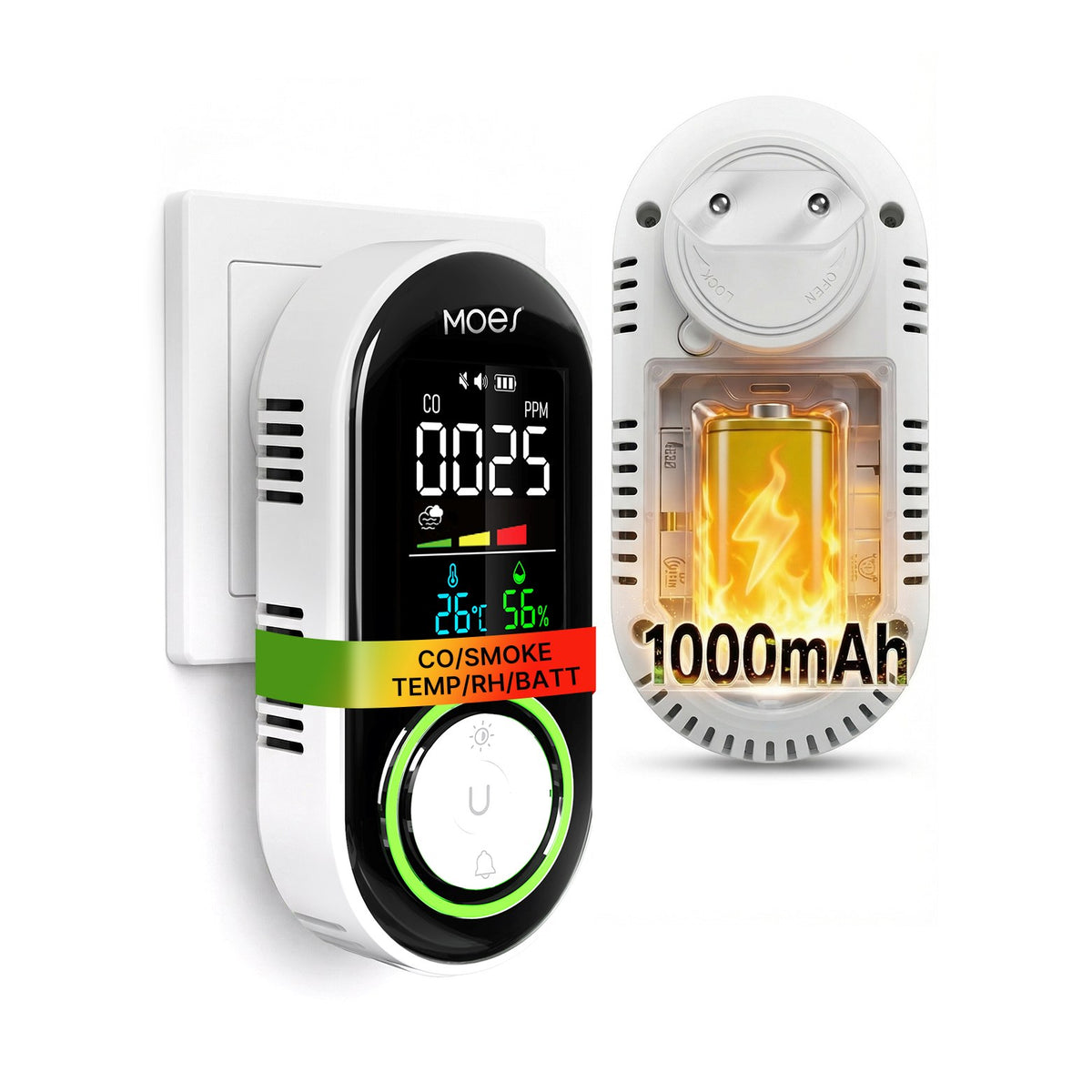 Detector de humo y monóxido de carbono enchufable 4 en 1 de 2.ª generación con batería de respaldo, pantalla LCD de temperatura y humedad (no inteligente)