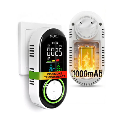 Detector de humo y monóxido de carbono enchufable 4 en 1 de 2.ª generación con batería de respaldo, pantalla LCD de temperatura y humedad (no inteligente)