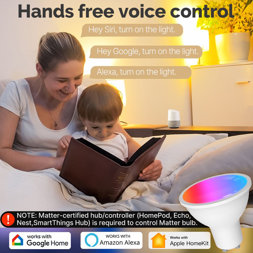 Tuya GU10 Matter WiFi Smart LED Bulb with Voice Control, Dimmable 5W Light 2700-6500K RGB Colors - MOES