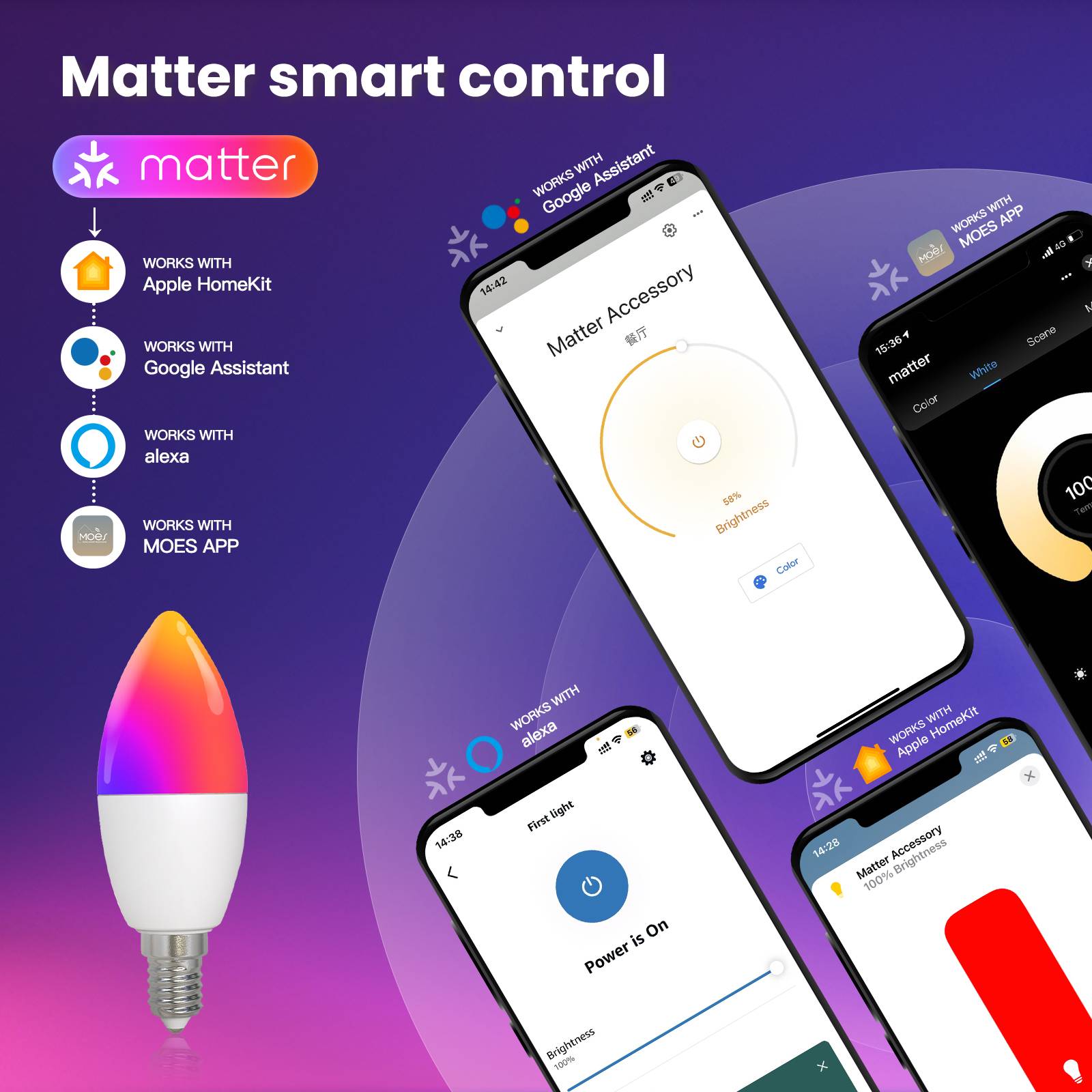 Tuya Matter WiFi Smart LED E14 Dimmable Light Bulbs 2700 - 6500K+RGB - MOES