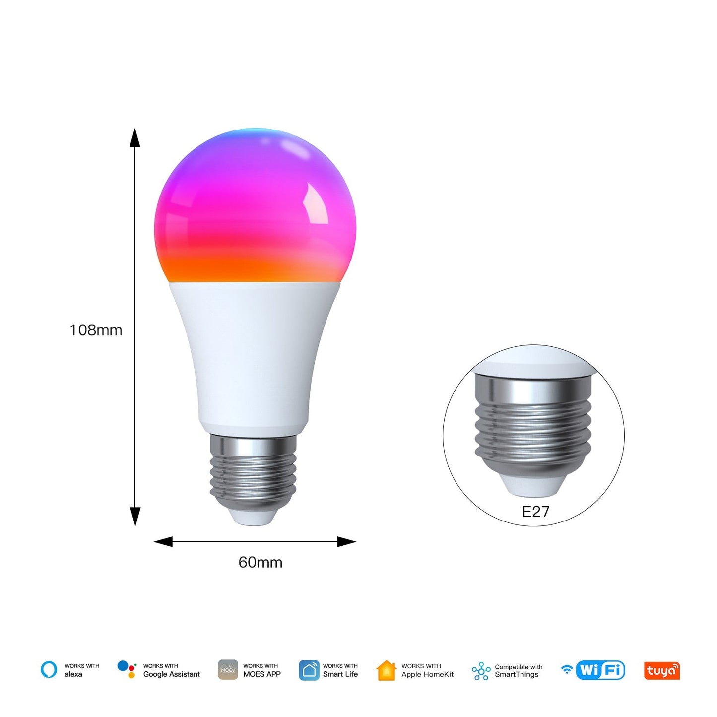 Tuya Matter WiFi Smart LED E27 Dimmable Light Bulbs RGB 2700K-6500K W+C - MOES