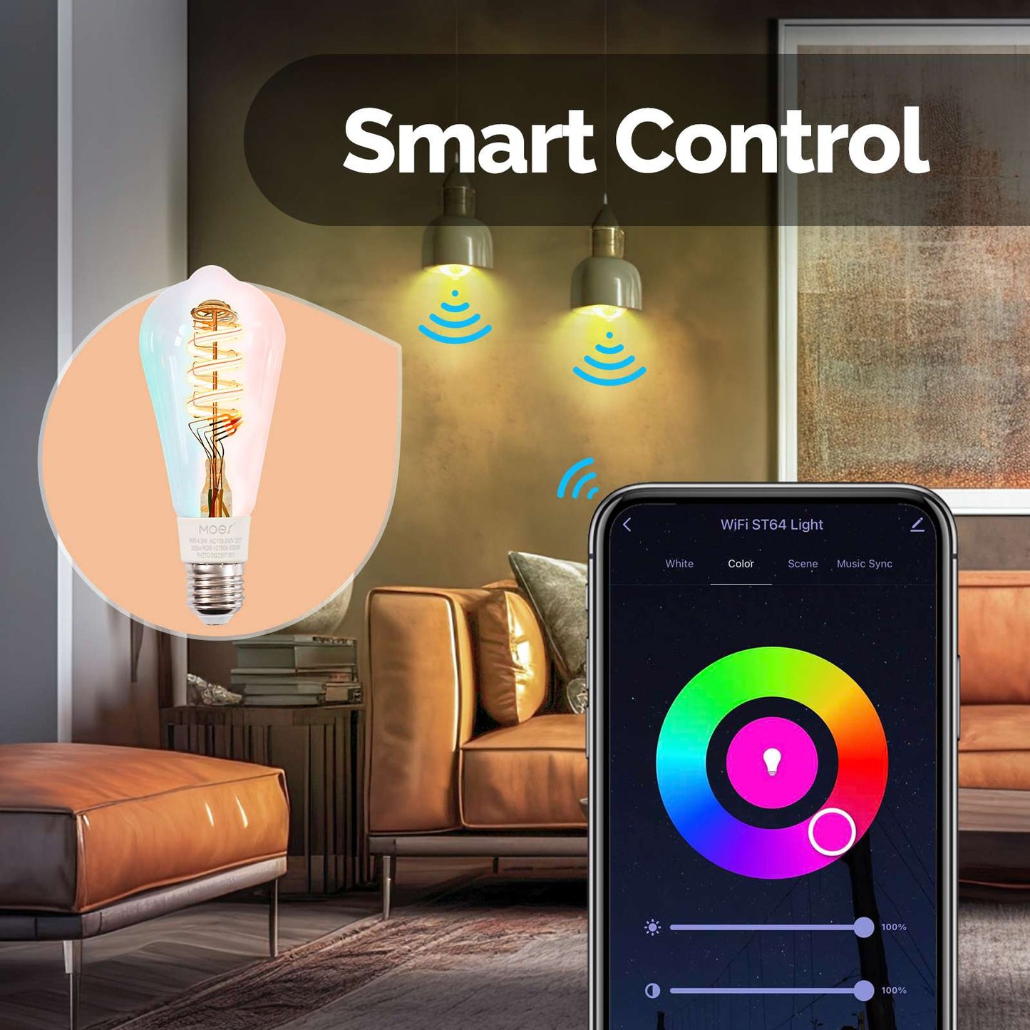 WiFi E27 Smart Edison LED Light Bulbs 16 Million RGB Color Changing 2700K - 6500K Dimmable - MOES