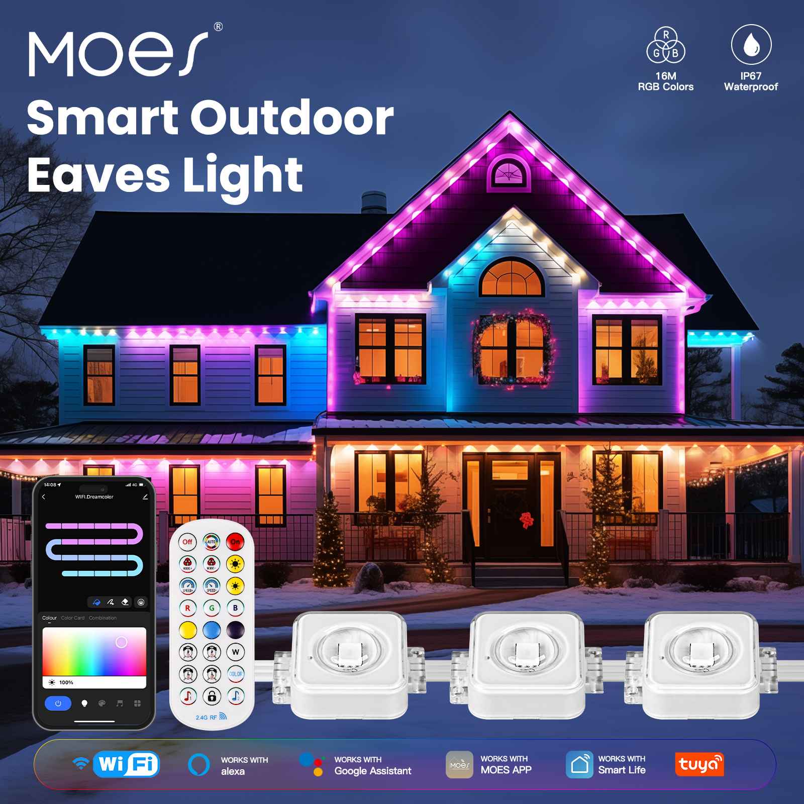 WiFi Smart Eaves String LED Lights Outdoor IP67 Waterproof 1600 Million RGB Color - MOES