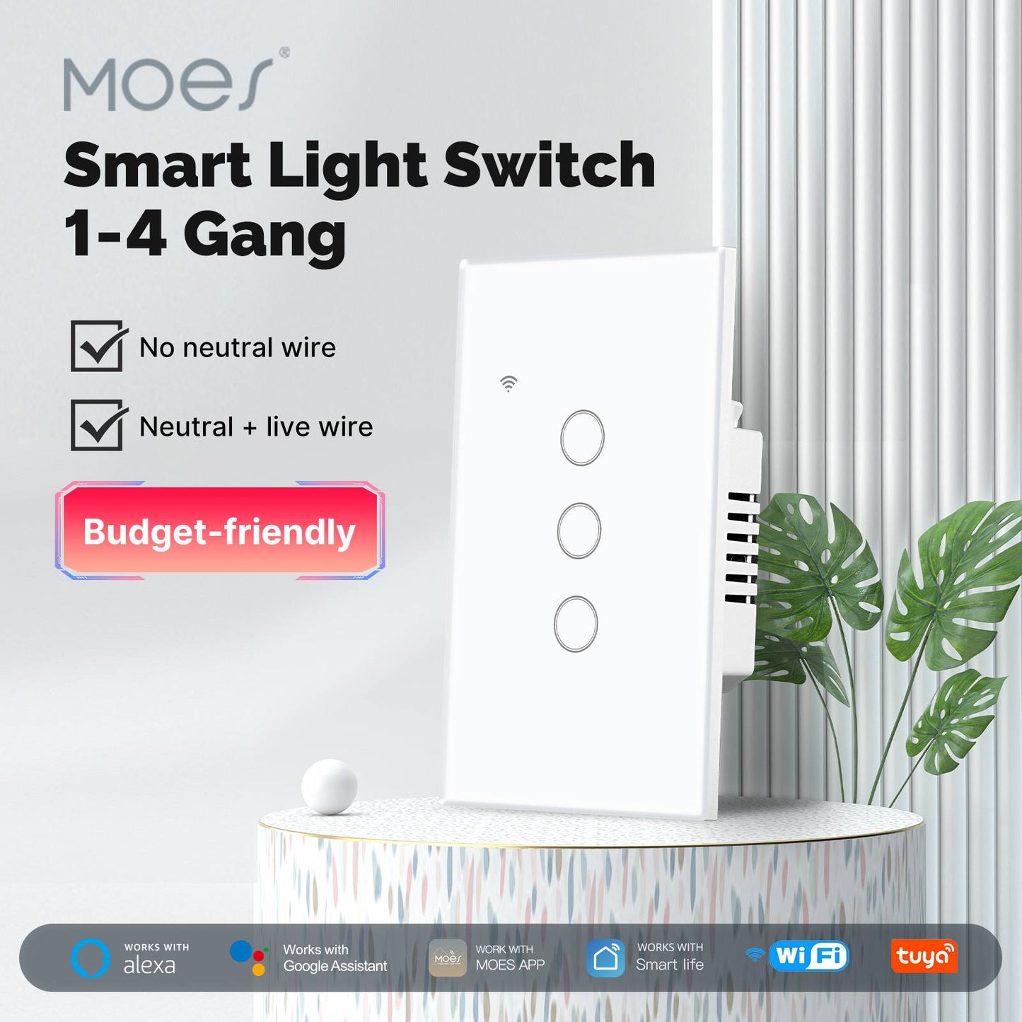 WiFi Smart Light Switch Wall Touch Glass Switch No Neutral Wire Required US Standard - MOES