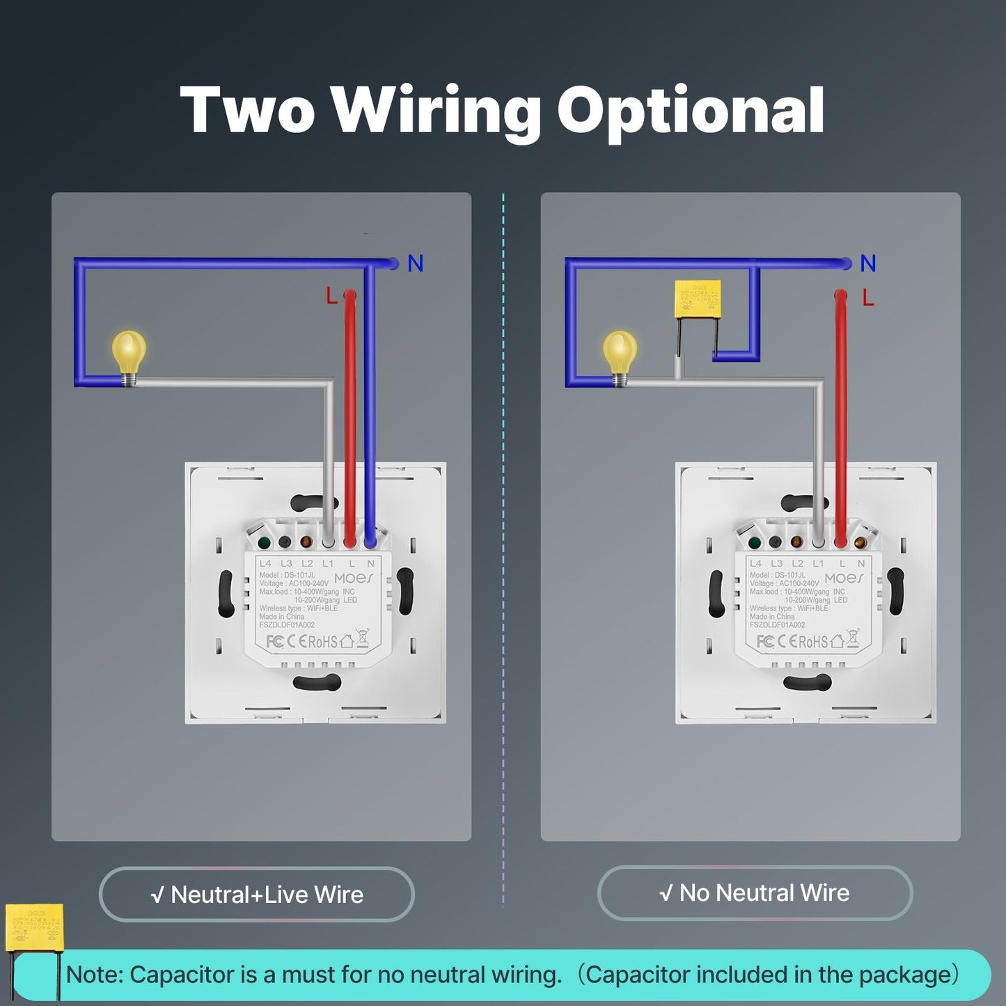 WiFi Smart Light Wall Touch Switch No Neutral Wire Required EU Standard - MOES