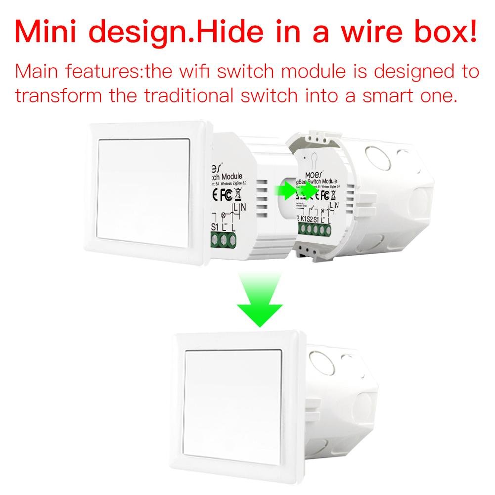 2MQTT Tuya ZigBee Smart Light Switch Module No Neutral Wire Single Fire Smart Life App Control Works with Alexa Google Home - Moes