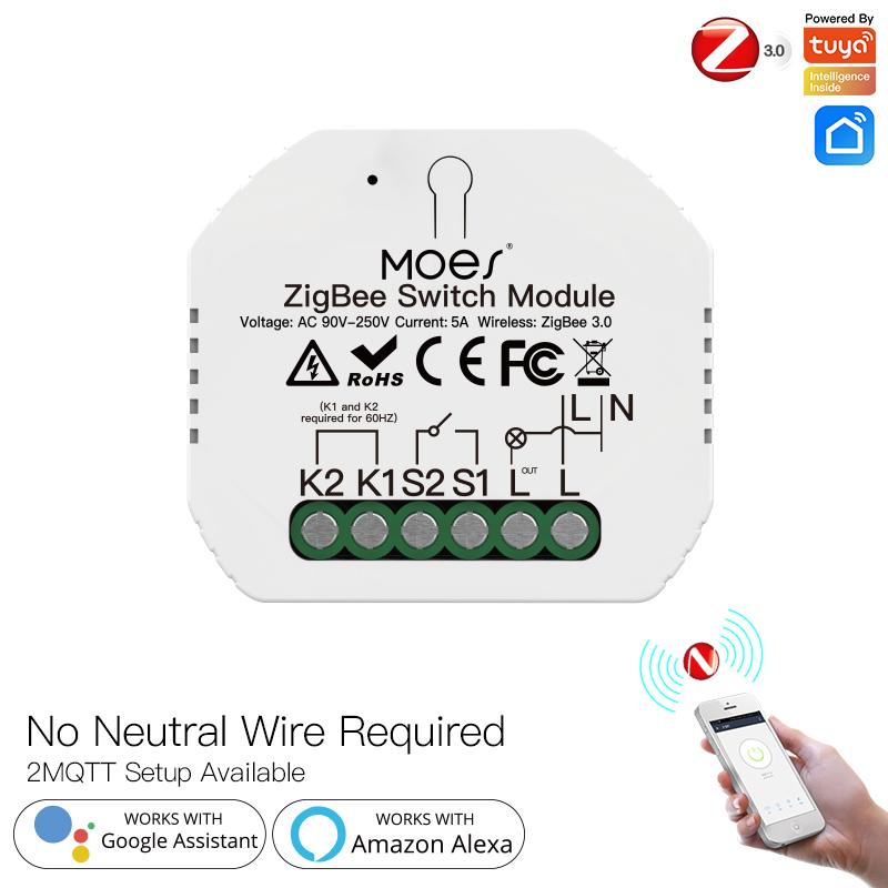 2MQTT Tuya ZigBee Smart Light Switch Module No Neutral Wire Single Fire Smart Life App Control Works with Alexa Google Home - Moes